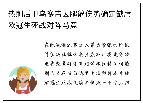 热刺后卫乌多吉因腿筋伤势确定缺席欧冠生死战对阵马竞